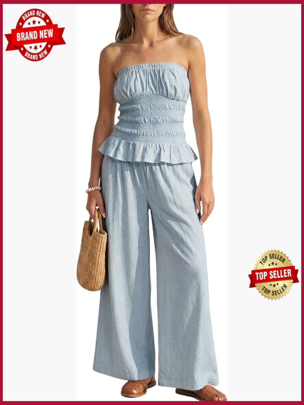 Two Piece Vacation Set Strapless Wide Leg Pants Set with Pockets